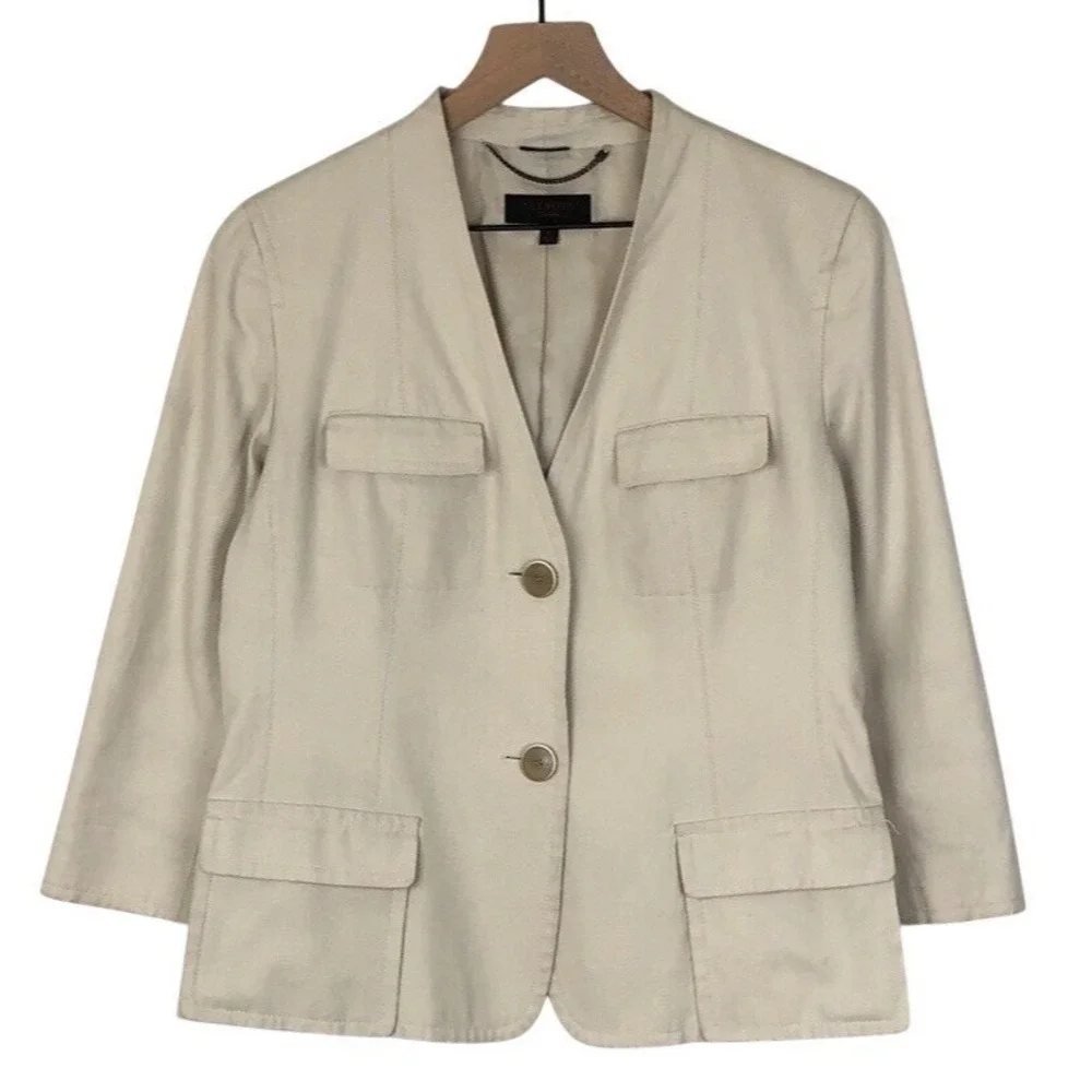 TALBOTS Twill Jacket Women's 10 Khaki 3/4 Sleeve Pockets‎ Two Button Minimalist